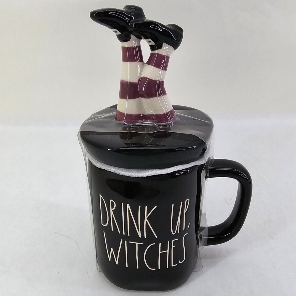 Drink Up Witches Mug & Topper Black Rae Dunn Wicked Witch Legs Wicca NEW